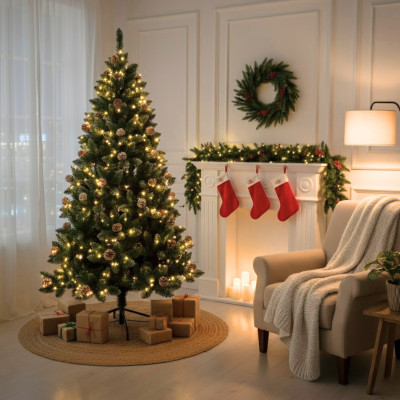 Grüner künstlicher Weihnachtsbaum „Montreal“ mit dekorativen Tannenzapfen und Metallfuß, 180 cm Dayron