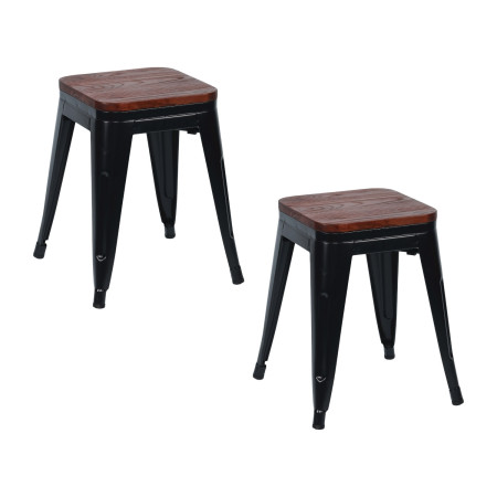 Pack 2 Taburetes Bajos Industriales Apilables de Acero y Madera 38x38x46cm Thinia Home Taburetes 1