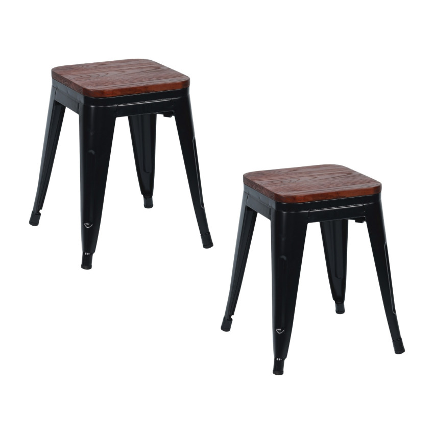 Pack 2 Taburetes Bajos Industriales Apilables de Acero y Madera 38x38x46cm Thinia Home Taburetes 1