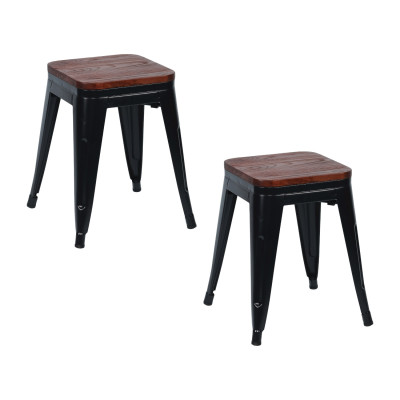Pack 2 Taburetes Bajos Industriales Apilables de Acero y Madera 38x38x46cm Thinia Home Taburetes 1