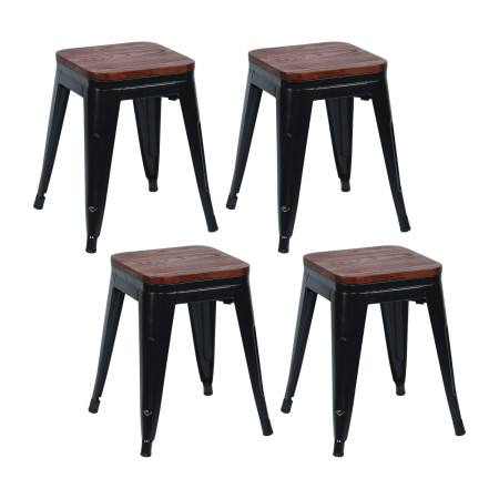 Pack 4 Taburetes Bajos Industriales Apilables de Acero y Madera 38x38x46cm Thinia Home Taburetes 1