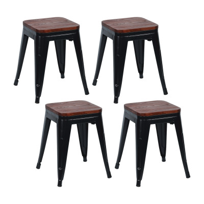 Pack 4 Taburetes Bajos Industriales Apilables de Acero y Madera 38x38x46cm Thinia Home Taburetes 1