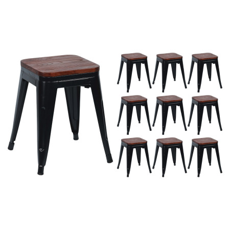 Pack 10 Taburetes Bajos Industriales Apilables de Acero y Madera 38x38x46cm Thinia Home Taburetes 1