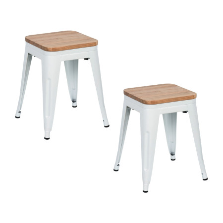 Pack 2 Taburetes Bajos Industriales Apilables de Acero y Madera 38x38x46cm Thinia Home Taburetes 1