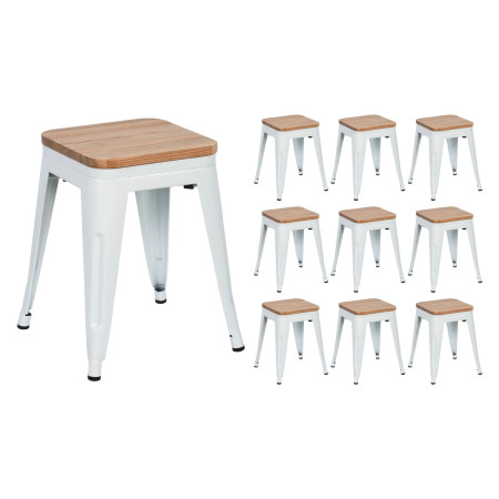 Pack 10 Taburetes Bajos Industriales Apilables de Acero y Madera 38x38x46cm Thinia Home Taburetes 1