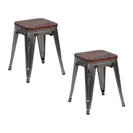 Pack 2 Taburetes Bajos Industriales Apilables de Acero y Madera 38x38x46cm Thinia Home Taburetes 1