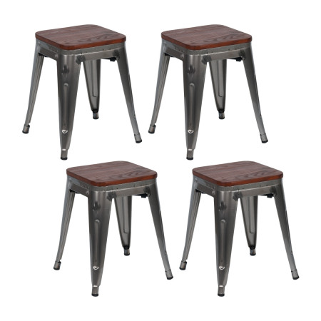Pack 4 Taburetes Bajos Industriales Apilables de Acero y Madera 38x38x46cm Thinia Home Taburetes 1