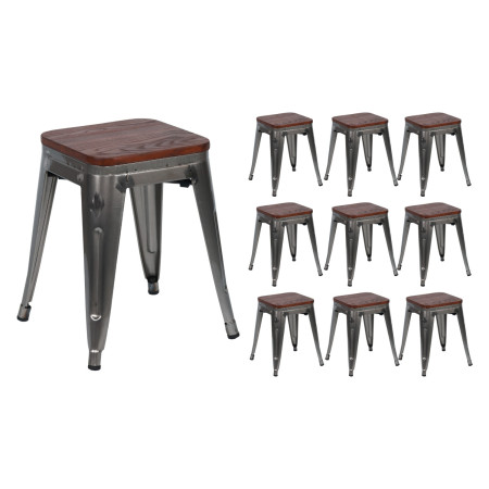 Pack 10 Taburetes Bajos Industriales Apilables de Acero y Madera 38x38x46cm Thinia Home Taburetes 1