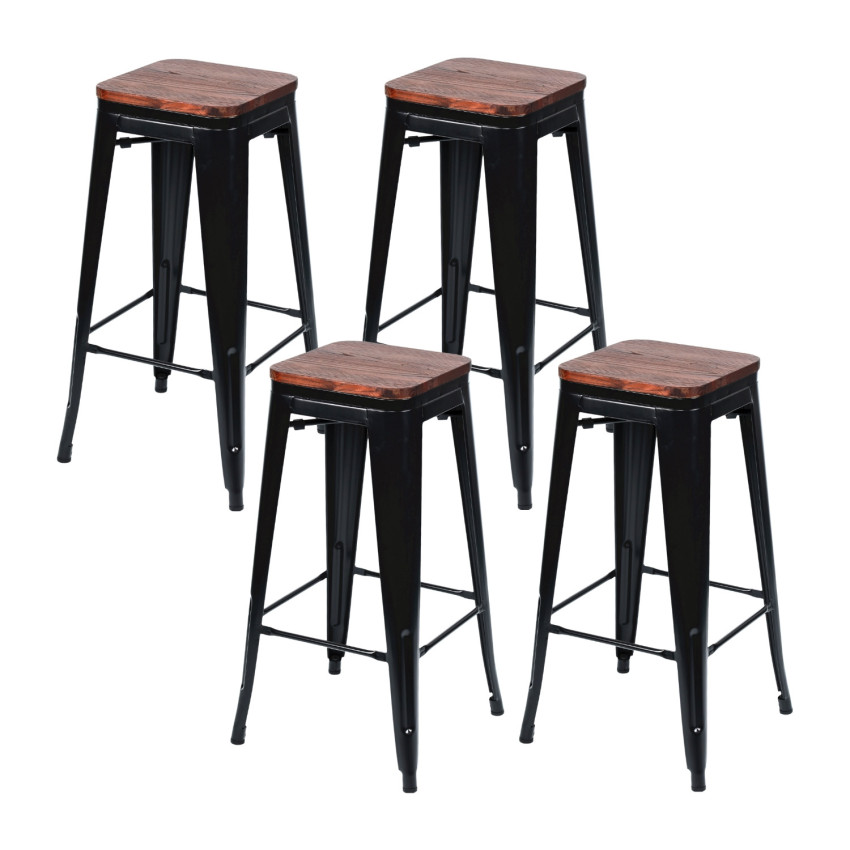 Pack 4 Taburetes Medios Industriales Apilables de Acero y Madera 43x43x76cm Thinia Home Taburetes 1