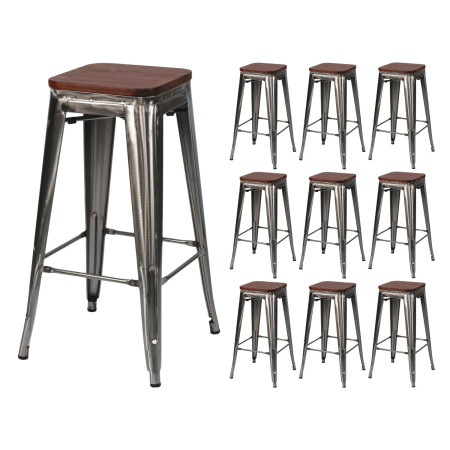 Pack 10 Taburetes Medios Industriales Apilables de Acero y Madera 43x43x76cm Thinia Home Taburetes 1
