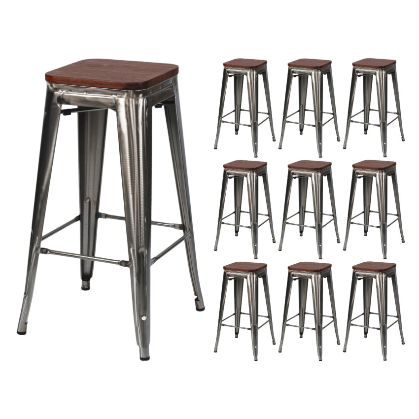 Pack 10 Taburetes Medios Industriales Apilables de Acero y Madera 43x43x76cm Thinia Home Taburetes 11