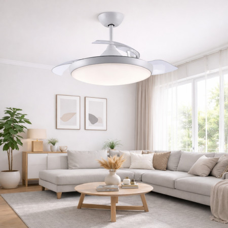 Ventilateur de plafond rétractable Essence 106 cm, moteur à courant continu 30 W, silencieux, avec éclairage LED et télécommande