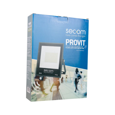 Proyector LED Provit con Sensor de Movimiento 50W 5000lm IP54 19.5x6.5x26.5cm 5700K Negro 50000H SECOM Proyectores LED para Exte