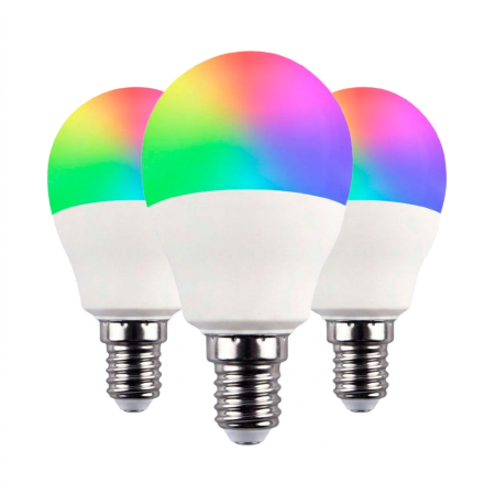 Pack 3 Lâmpadas LED esféricas Smart WiFi E14 5W Equi.35W 450lm RGBWW Regulável via Smartphone/APP 25000H 7hSevenOn Premium