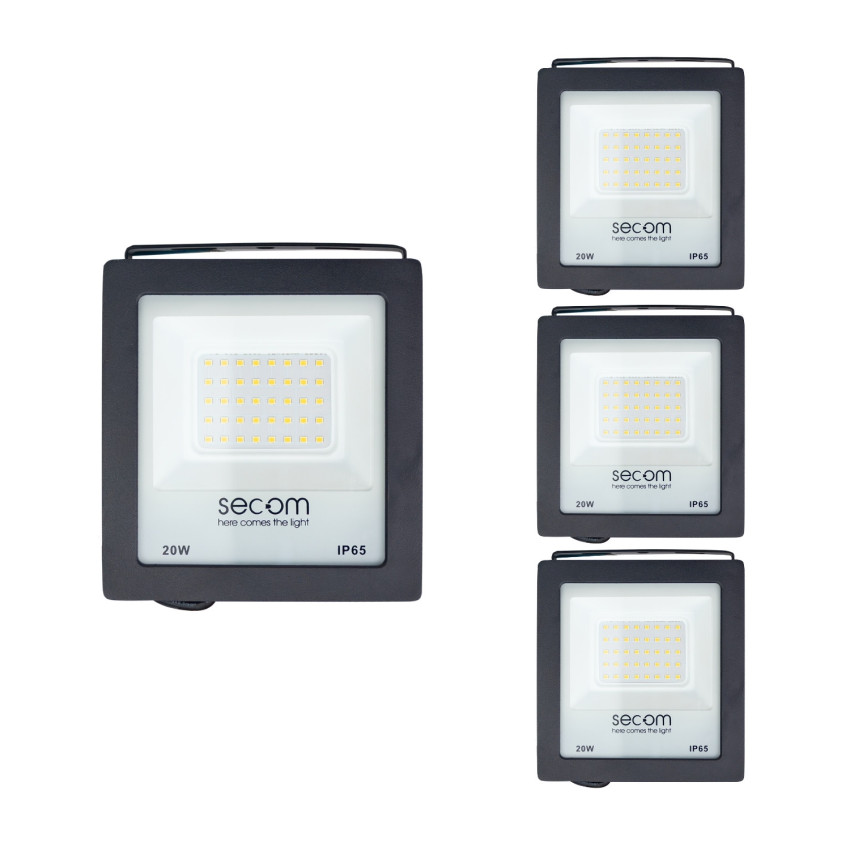 Lot de 4 projecteurs LED Tenko Eco 20 W, 2 000 lm, IP65, 14.4x4.5x15.6cm, noir, 50 000 h, SECOM
