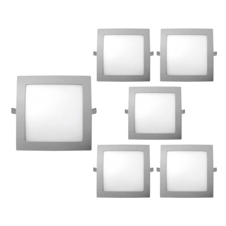Conjunto de 6 Downlights LED embutíveis quadrados, 18 W, 1400 lm, 17 x 17 cm, 3000 K, cromado, IP44, 30 000 h, SECOM