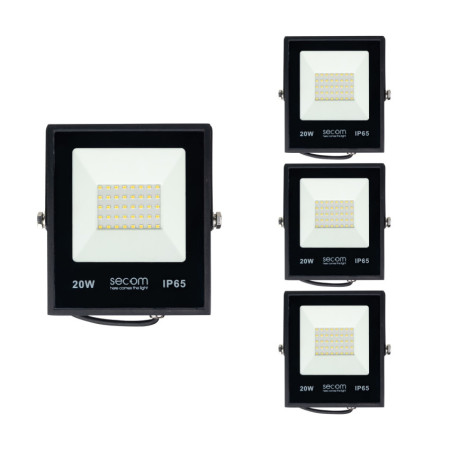 Lot de 4 projecteurs LED Tenko Plus 20 W, 2 400 lm, IP65, 14.5x3x17cm, 5 700 K, noir, 50 000 h, SECOM