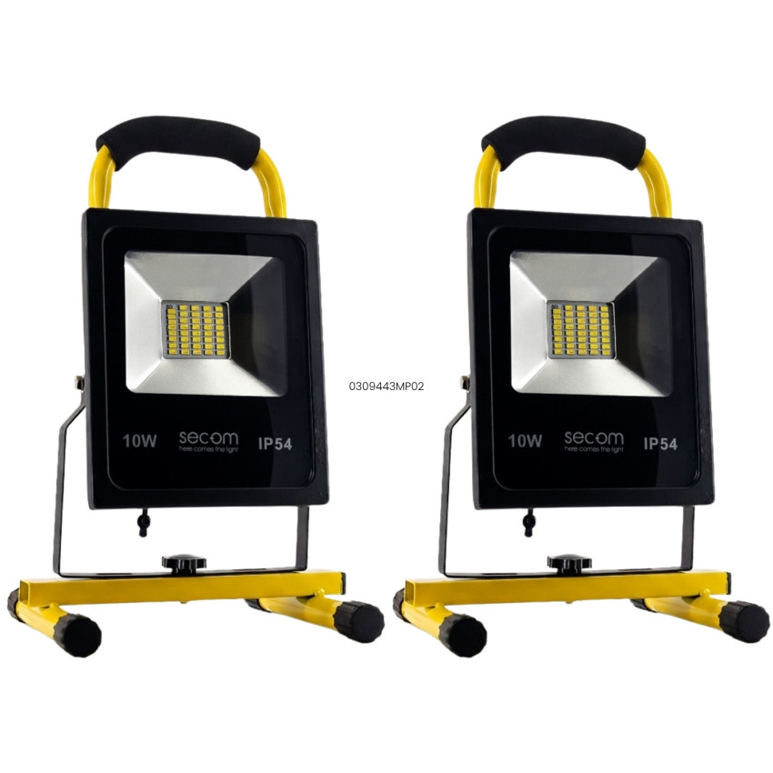 Conjunto de 2 projetores LED portáteis Tenko com bateria recarregável, 10 W, 900 lm, IP54, 15 x 15 x 24 cm, 4000 K, preto/amarel