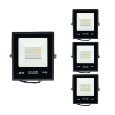 Lot de 4 projecteurs LED Provit 20 W, 2 400 lm, IP65, 14.5x3x17cm, 5 700 K, noir, 50 000 h, SECOM