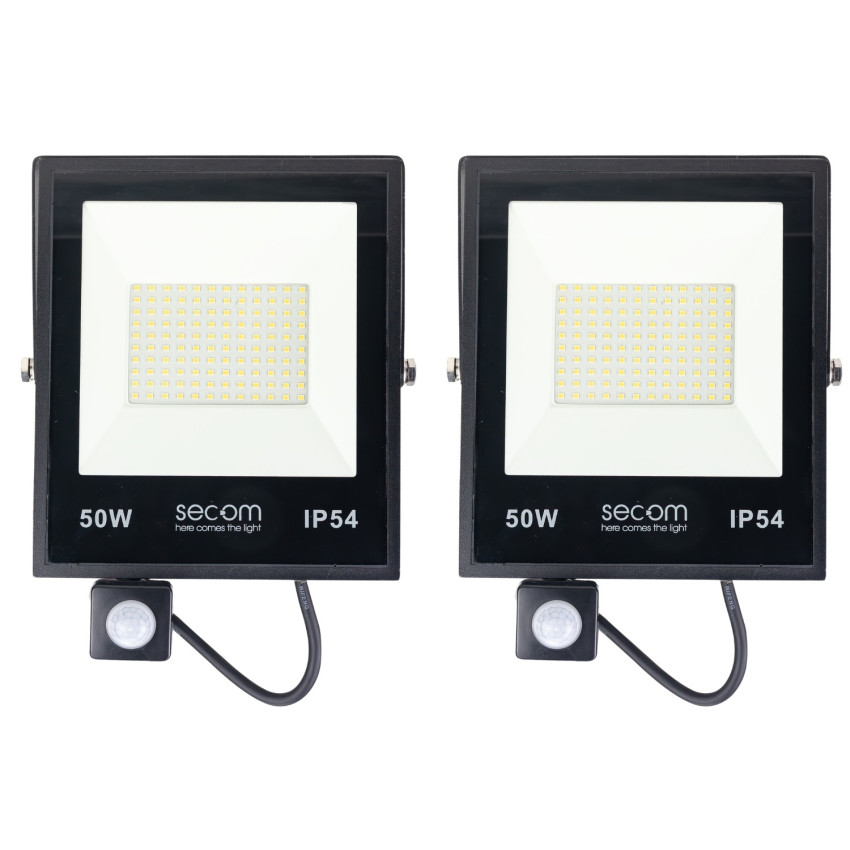 Lot de 2 projecteurs LED Provit avec détecteur de mouvement, 50 W, 5 000 lm, IP54, 19.5x6.5x26.5cm, 5 700 K, noir, 50 000 h, SEC