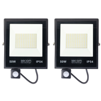 Lot de 2 projecteurs LED Provit avec détecteur de mouvement, 50 W, 5 000 lm, IP54, 19.5x6.5x26.5cm, 5 700 K, noir, 50 000 h, SEC