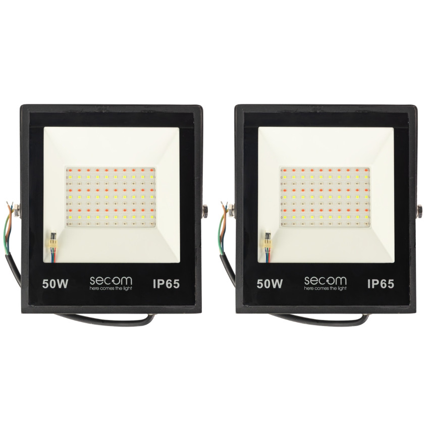 Confezione da 2 proiettori LED Provit da 50 W, 5000 lm, IP65, 19.5x4.5x22.5cm, RGB, nero, 50.000 ore, SECOM