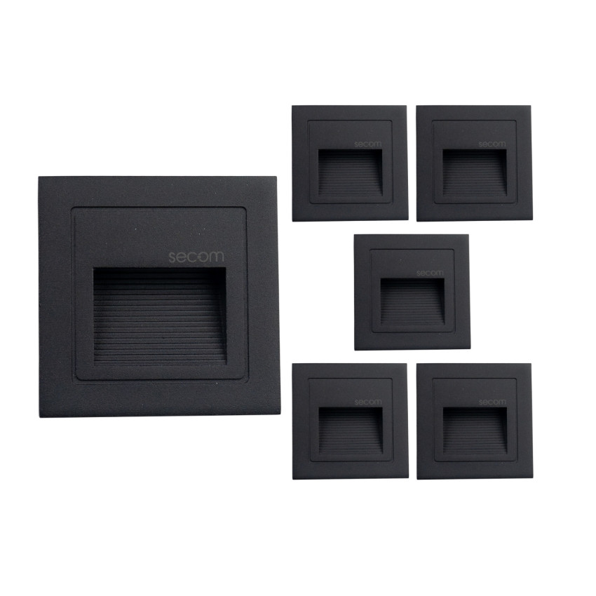 Pack 6 Apliques de Pared LED Empotrables Cuadrados Trido Mini 2W 90lm IP65 8.5x8.5x5.3cm 4000K Negro 25000H SECOM Apliques de Ex