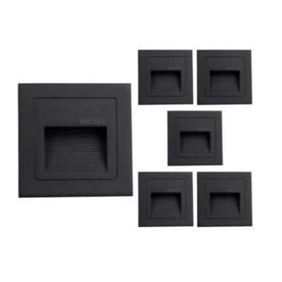 Pack 6 Apliques de Pared LED Empotrables Cuadrados Trido Mini 2W 90lm IP65 8.5x8.5x5.3cm 4000K Negro 25000H SECOM Apliques de Ex