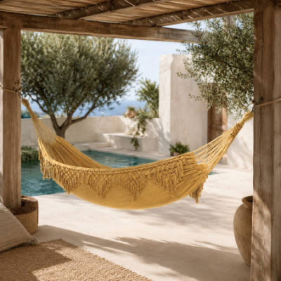 Hamac suspendu beige à franges, style bohème balinais, pour l'extérieur (jardin et terrasse), 200/285 x 100 cm 7house