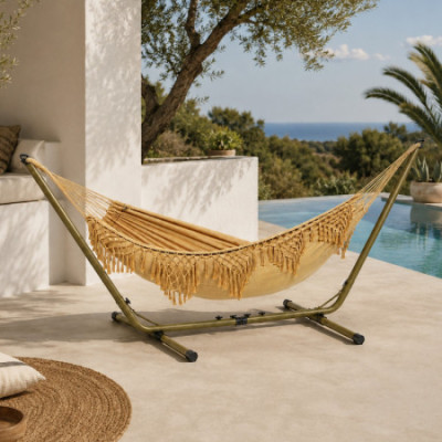 Hamac suspendu beige à franges, style bohème balinais, pour l'extérieur (jardin et terrasse), 200/285 x 100 cm 7house