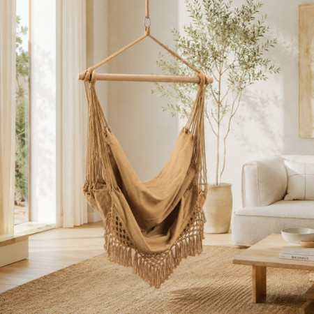 Fauteuil suspendu beige avec barre en bois et franges Java, style bohème, pour l'extérieur (jardin et terrasse), 100 x 130 cm 7h