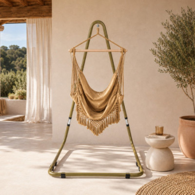 Fauteuil suspendu beige avec barre en bois et franges Java, style bohème, pour l'extérieur (jardin et terrasse), 100 x 130 cm 7h