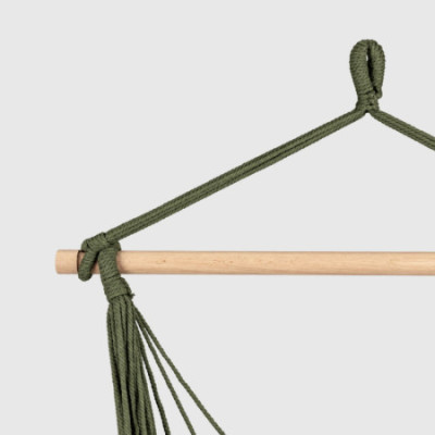 Poltrona sospesa verde oliva con barra in legno, modello Kyoto in stile nordico, per esterni, giardino e terrazza, 100x130 cm 7h