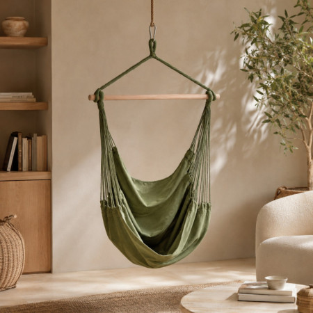 Fauteuil suspendu vert olive avec barre en bois « Kyoto », style nordique, pour l'extérieur (jardin et terrasse), 100 x 130 cm 7