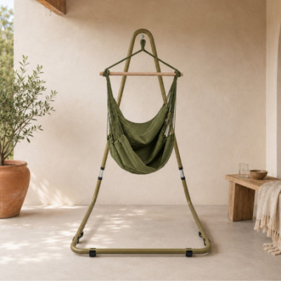 Fauteuil suspendu vert olive avec barre en bois « Kyoto », style nordique, pour l'extérieur (jardin et terrasse), 100 x 130 cm 7