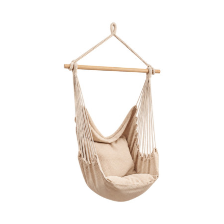 Fauteuil suspendu beige avec barre en bois et 2 coussins « Sahara », style bohème, pour l'extérieur, le jardin et la terrasse, 1