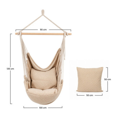 Poltrona suspensa bege com barra de madeira e 2 almofadas Sahara, estilo boho, para exterior, jardim e terraço, 100 x 130 cm 7ho