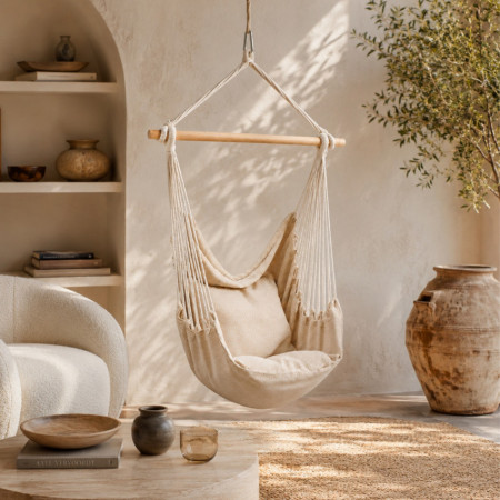 Poltrona suspensa bege com barra de madeira e 2 almofadas Sahara, estilo boho, para exterior, jardim e terraço, 100 x 130 cm 7ho