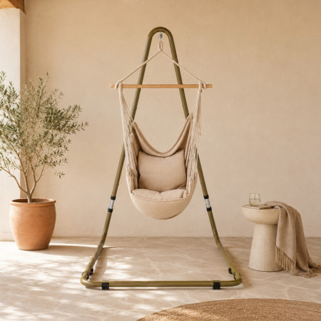 Fauteuil suspendu beige avec barre en bois et 2 coussins « Sahara », style bohème, pour l'extérieur, le jardin et la terrasse, 1