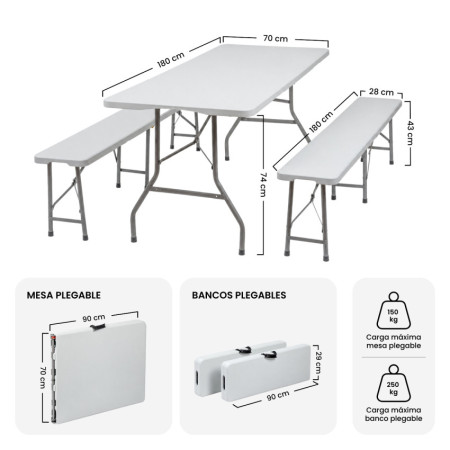 Zusammenklappbares Set bestehend aus einem Tisch und zwei Bänken à 180 cm für den Catering-Bereich Thinia Home