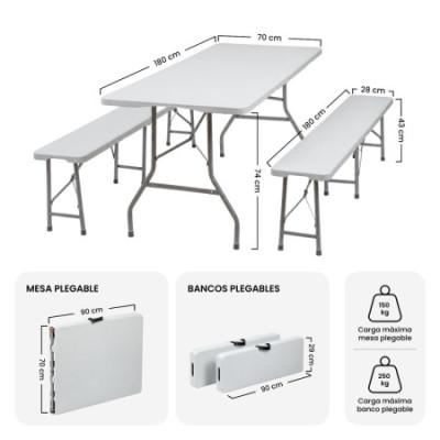 Zusammenklappbares Set bestehend aus einem Tisch und zwei Bänken à 180 cm für den Catering-Bereich Thinia Home