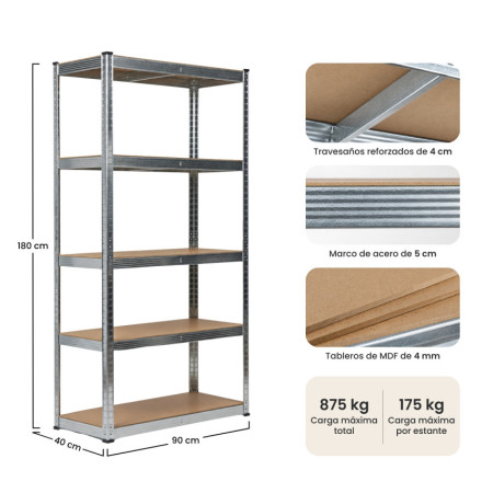 Scaffalatura modulare in metallo con 5 ripiani, 875 kg, 90x40x180 cm Thinia Home
