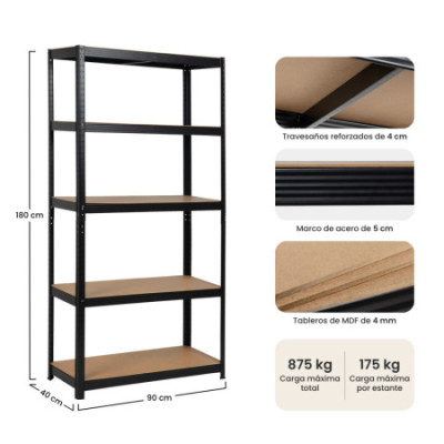 Modulares Metallregal mit 5 Einlegeböden, 875 kg, schwarz, 90 x 40 x 180 cm 7house