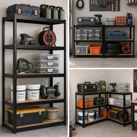 Modulares Metallregal mit 5 Einlegeböden, 875 kg, schwarz, 90 x 40 x 180 cm 7house