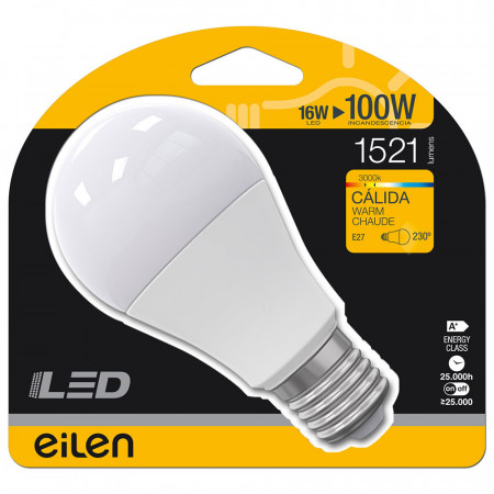 Bombilla LED Estándar E27 16W Equi.100W 1521lm 3000K 25000H
Eilen Bombilla LED Estándar E27 16W Equi.100W 1521lm 3000K 25000H
Eilen