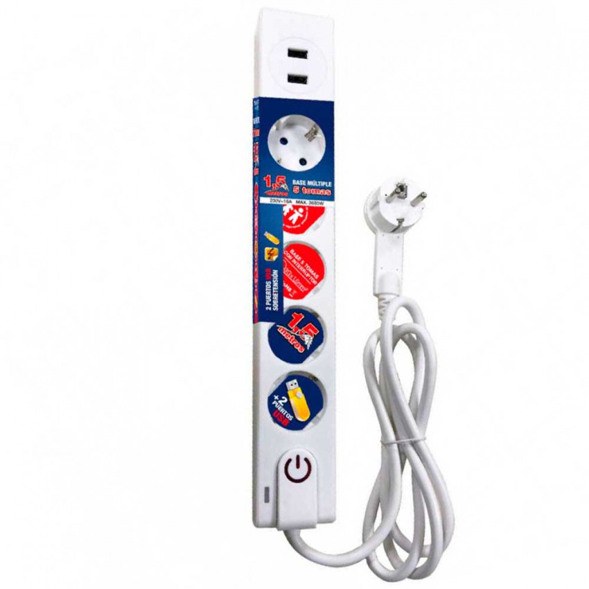 Regleta 5 Enchufes Schuko y 2 USB 1,5m Blanco con Interruptor 7hSevenOn Elec Regleta 5 Enchufes Schuko y 2 USB 1,5m Blanco con Interruptor 7hSevenOn Elec