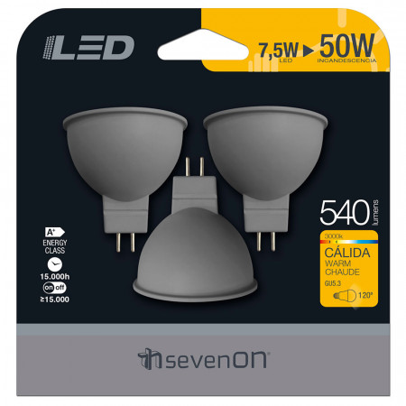 Pack 3 Bombillas LED Spotlight GU5.3 7,4W Equi.50W 540lm 15000H
7hSevenOn Pack 3 Bombillas LED Spotlight GU5.3 7,4W Equi.50W 540lm 15000H
7hSevenOn