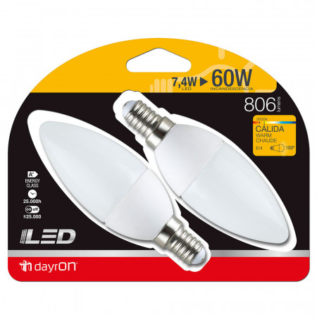 Pack 2 Bombillas LED Vela E14 7,4W Equi.60W 806lm 3000K 25000H
7hDayron Pack 2 Bombillas LED Vela E14 7,4W Equi.60W 806lm 3000K 25000H
7hDayron