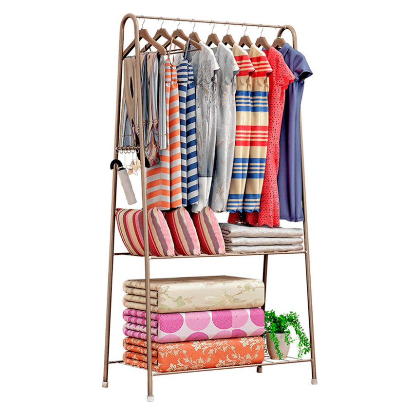 Perchero de Barra Metálico con 2 Baldas Rizo Champán 61x36x163cm 7house Percheros y Zapateros 1