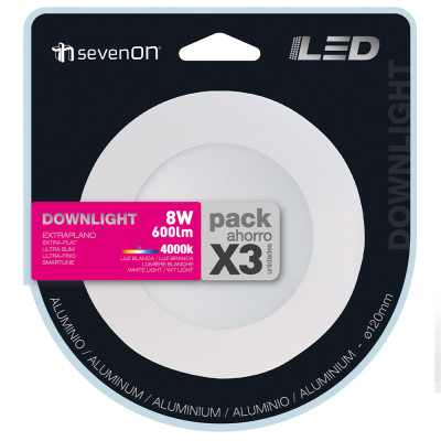 Pack 3 Downlight LED Ultraslim Empotrable Redondo 8W 600lm Ø10,5cm 4000K Blanco 7hSevenOn Downlight Empotrable 3